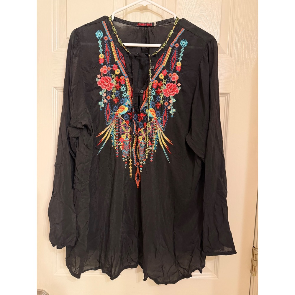Johnny Was Black Embroidered Silk Blend Tunic Blouse Floral Bird Boho XL